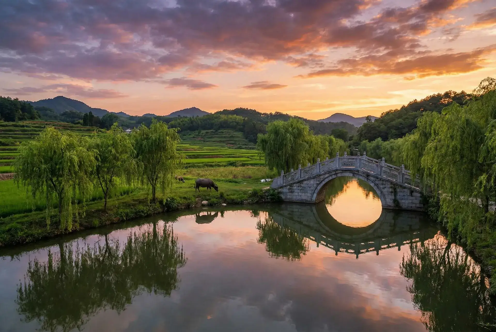 夕阳下的石拱桥与垂柳，水牛在河边吃草 - 庆余年资源 百度云 乡村美景